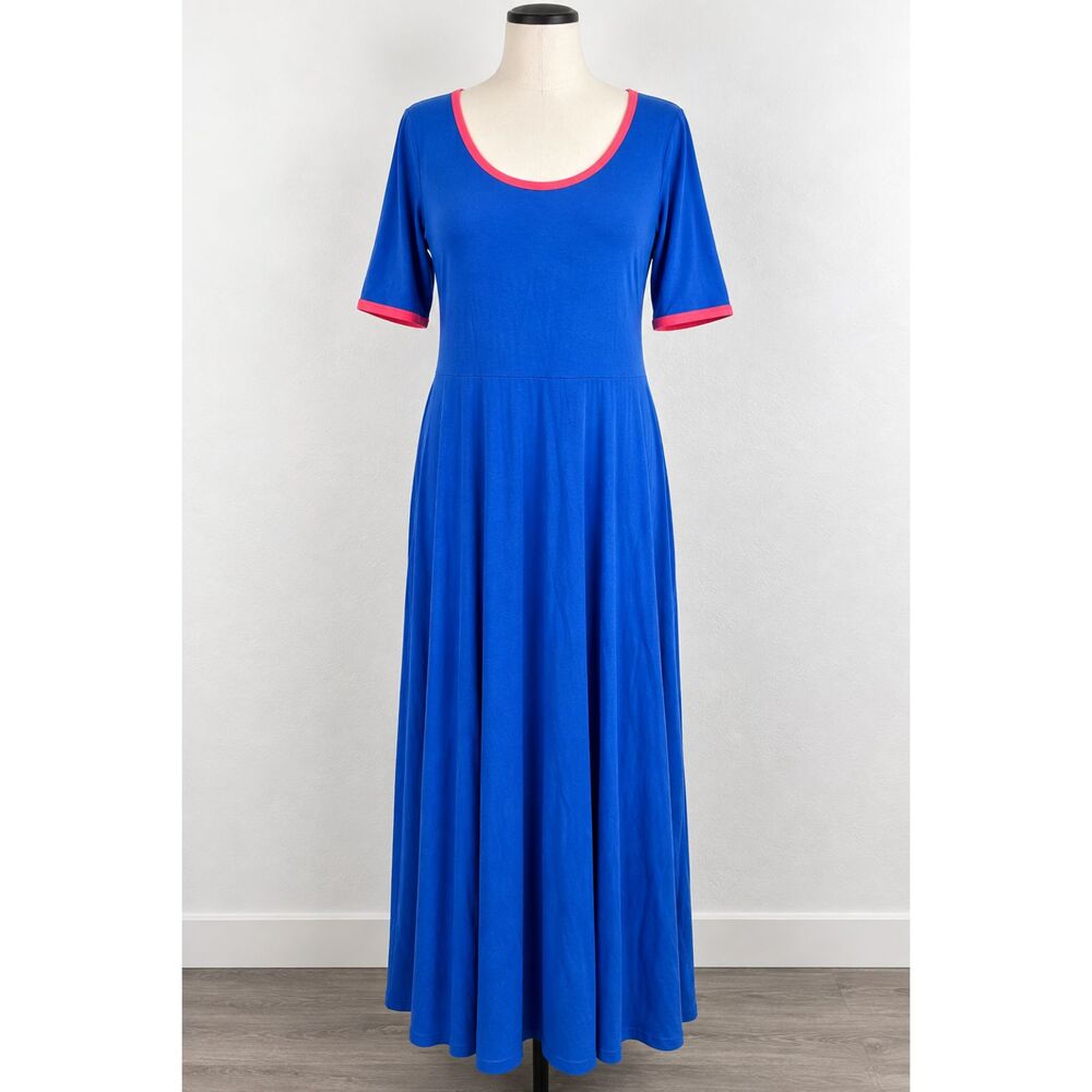 LuLaRoe Ana Women’s 2XL Blue Pink Trim Maxi Dress NWT Scoop Neck Short Sleeve